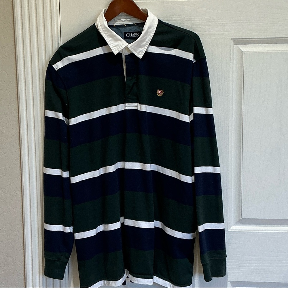Chaps Navy, Green, and White Striped Long Sleeve Shirt